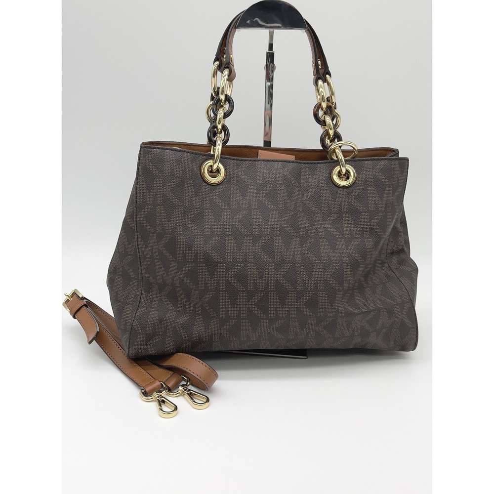 Michael Kors Cynthia Logo Medium Satchel Brown Monogram Chain Shoulder Luxury